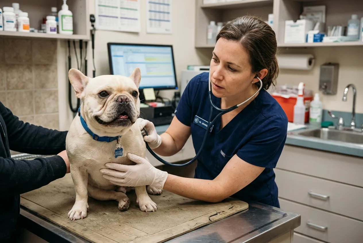 Francouzský buldoček: Povaha, péče a rizika BOAS (Co vědět před koupí) 2 Veterinární vyšetření francouzského buldočka kvůli dýchacím obtížím