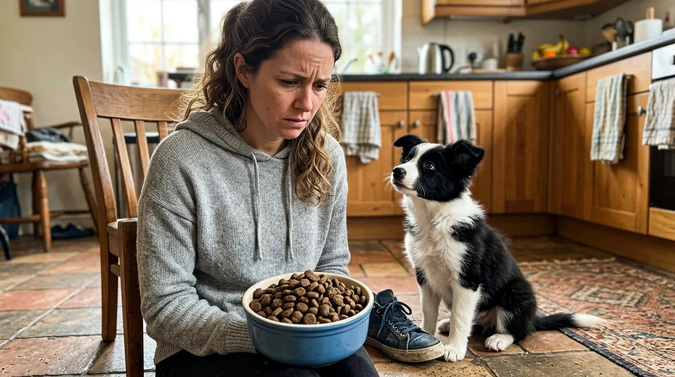 Granule pro štěně border kolie: 3 chyby, které zničí klouby vašeho psa 1 Roztomilé štěně border kolie sedící vedle misky s kvalitními granulemi plnými živočišných bílkovin