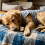 Fena ležící na veterinární klinice po kastraci
