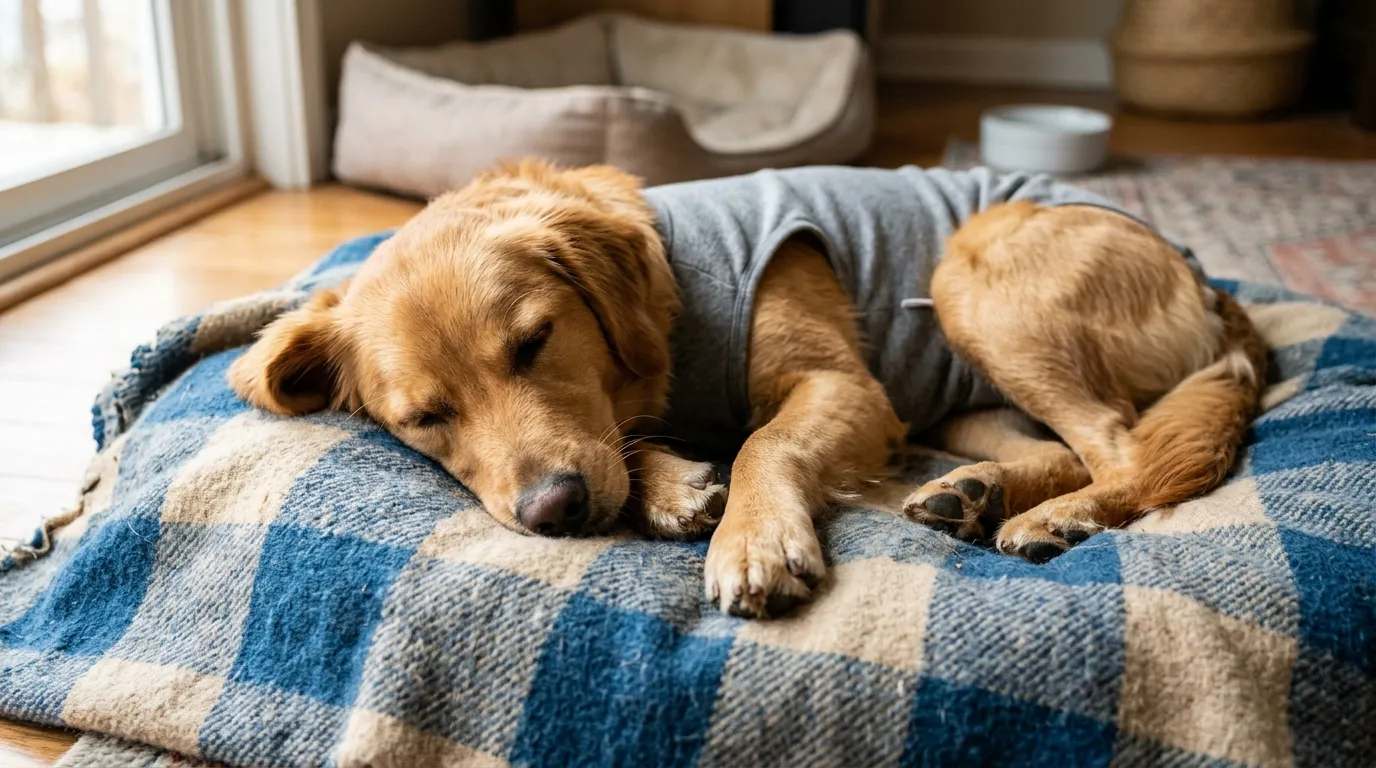 Fena ležící na veterinární klinice po kastraci