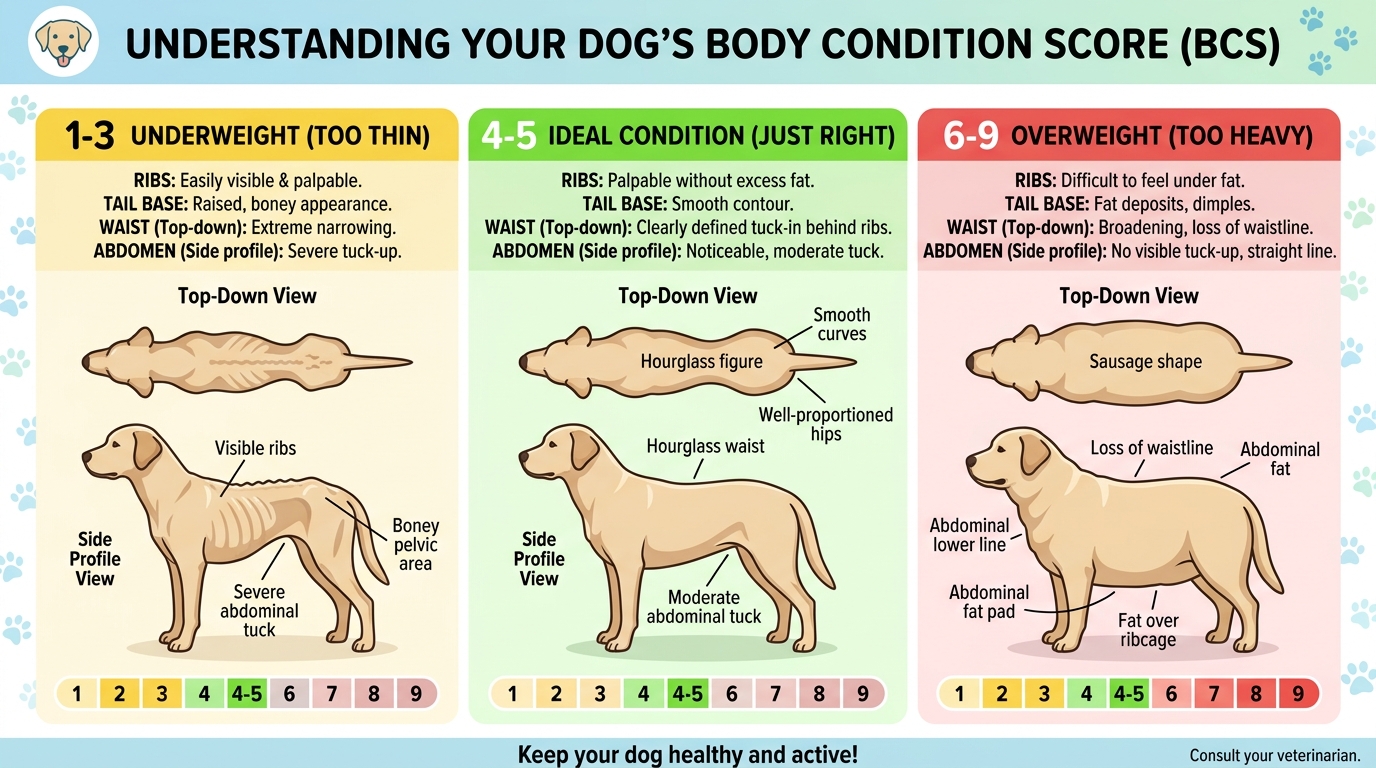 Infografika Body Condition Score (BCS) - vizualizace tělesné kondice psa, ukazující podváhu, ideální stav a nadváhu z horního a bočního pohledu