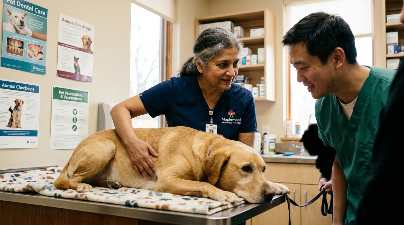 Profesionální veterinární vyšetření a palpace břicha psa s veterinářem provádějícím pečlivou klinickou kontrolu
