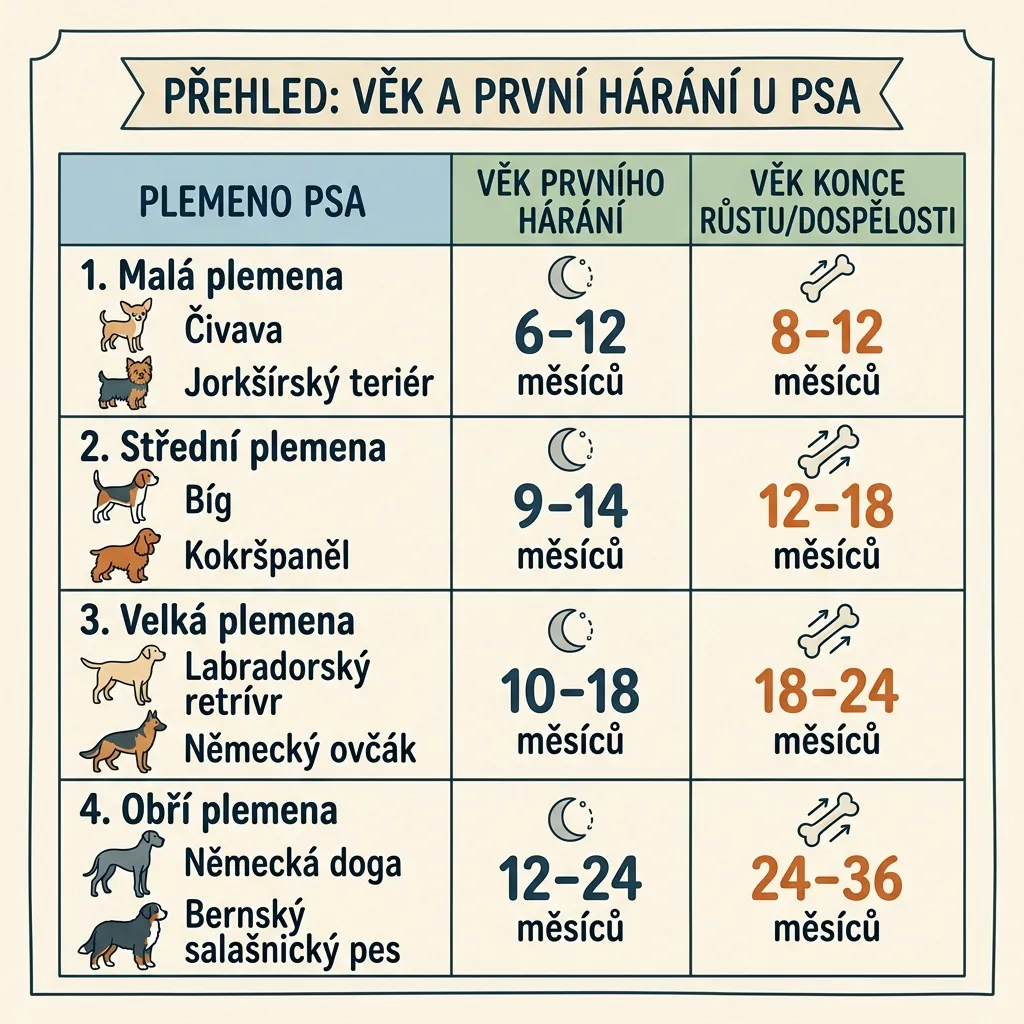 Přehledná tabulka ukazující věkovou hranici a první hárání u různých plemen psů.